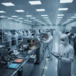Imagem representando a produção de chips de memória, relacionada à escassez de chips de memória, destacando a fábrica de semicondutores da Samsung.
