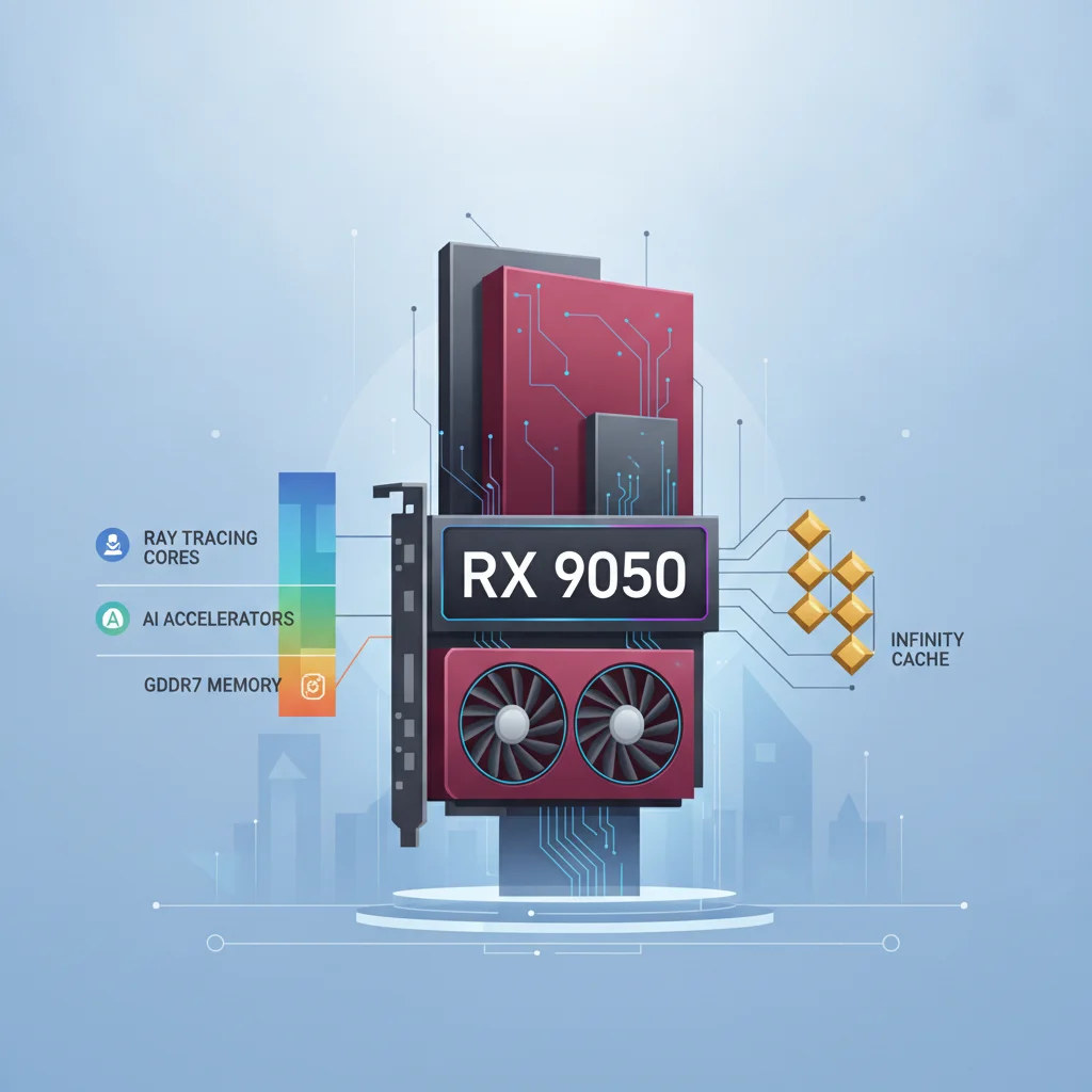 Ilustração moderna da AMD RX 9050 GPU, enfatizando a tecnologia das GPUs de 4 GB em 2026.