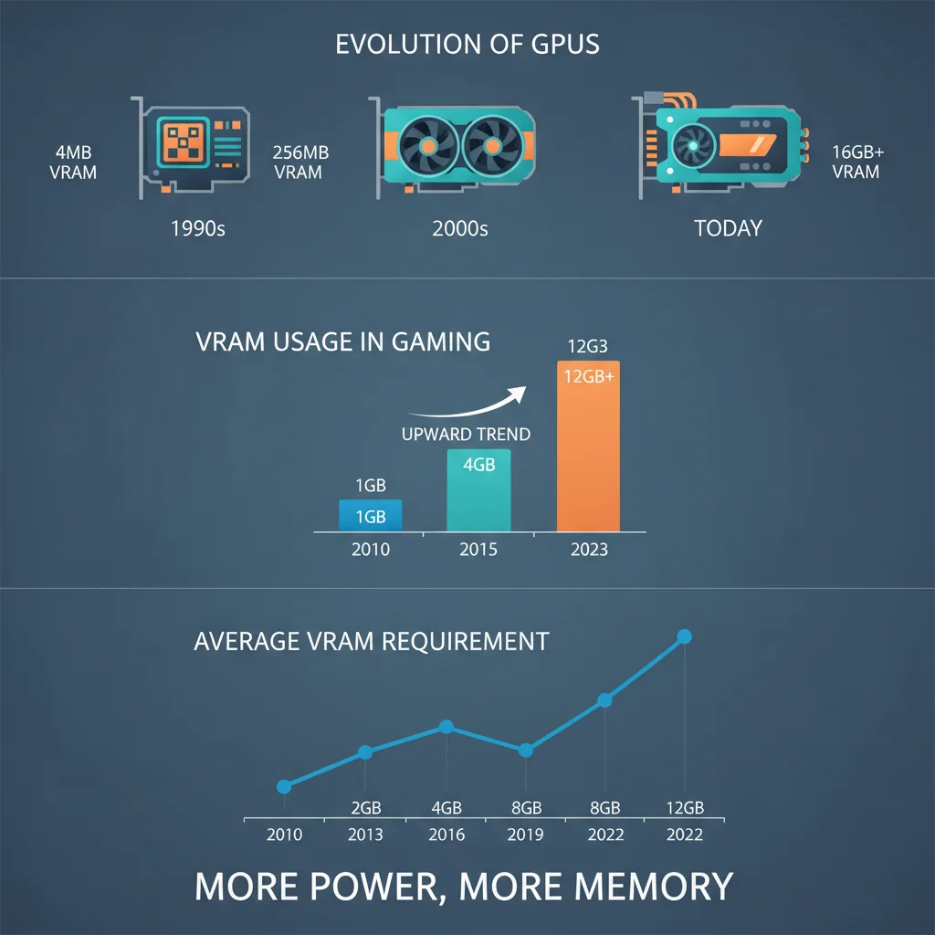 Ilustração da evolução das GPUs, mostrando a tendência do uso de VRAM nos jogos.